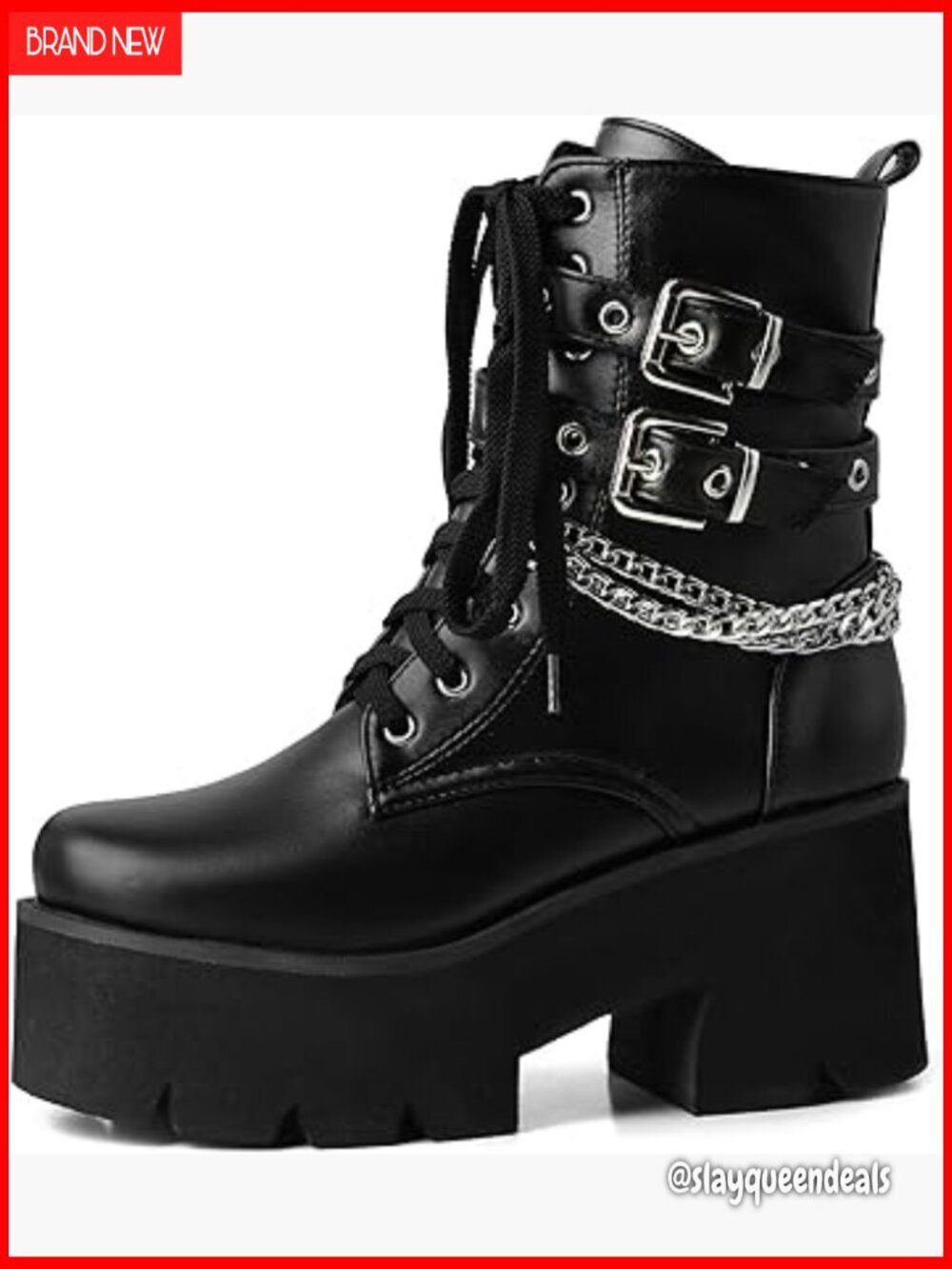 Chunky Platform Ankle Boots Lace Up High Heel Motorcycle Boots with Chain